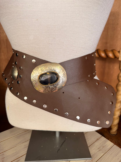Wide Leather Belt with Silver Buckle & Studs