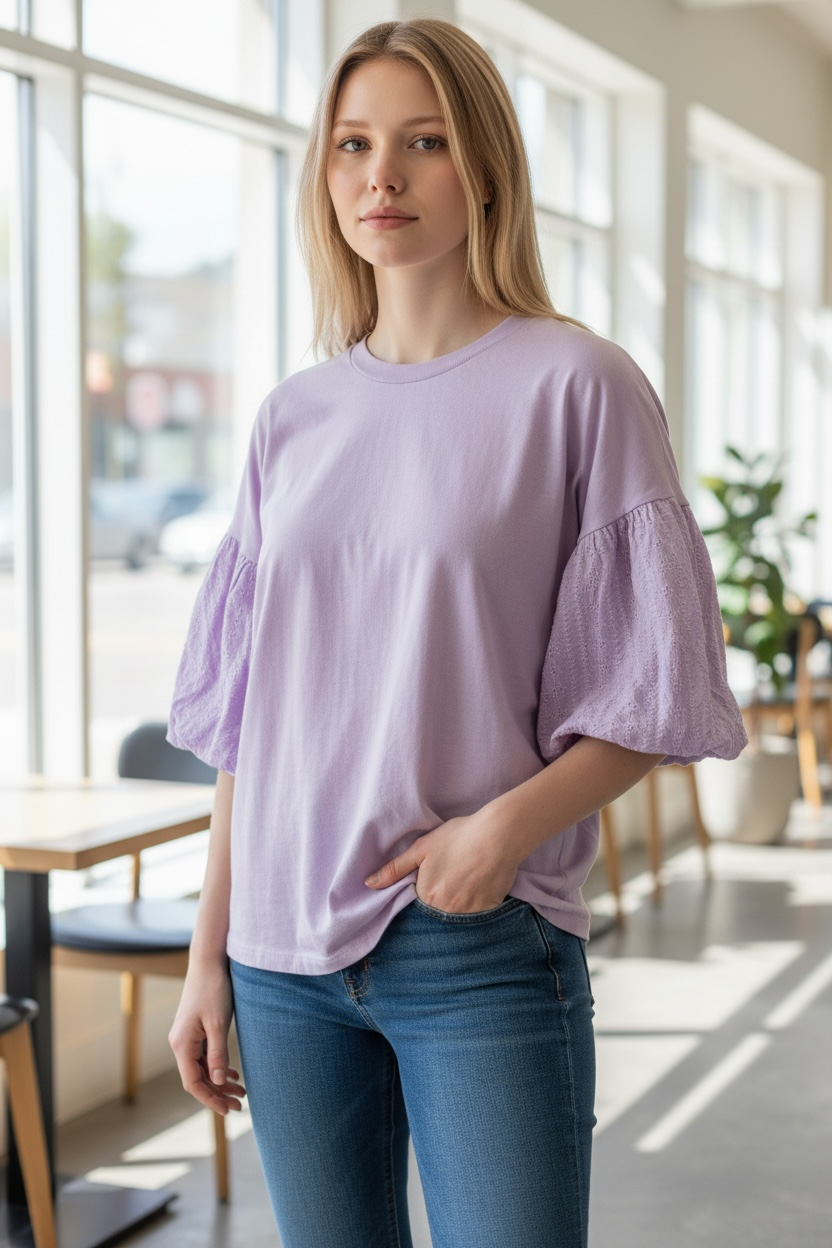 Jher Eyelet Balloon Puff Top