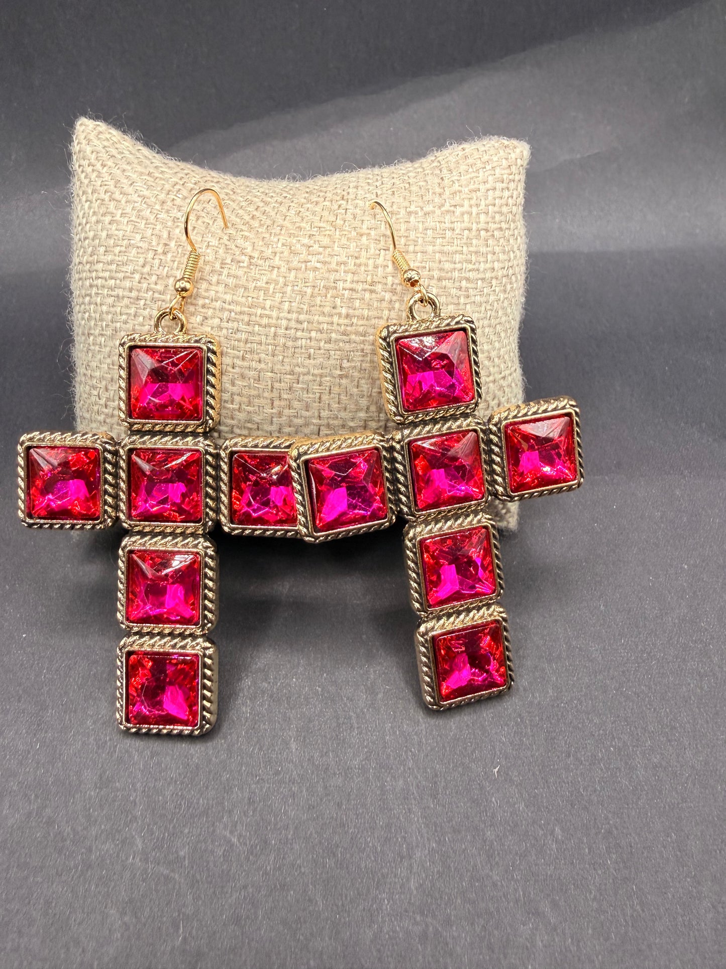 Large Pink Cross Earrings