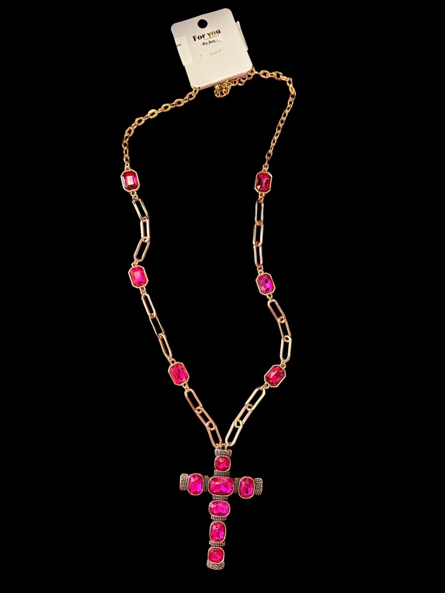 Gold Necklace with Cross & Stones