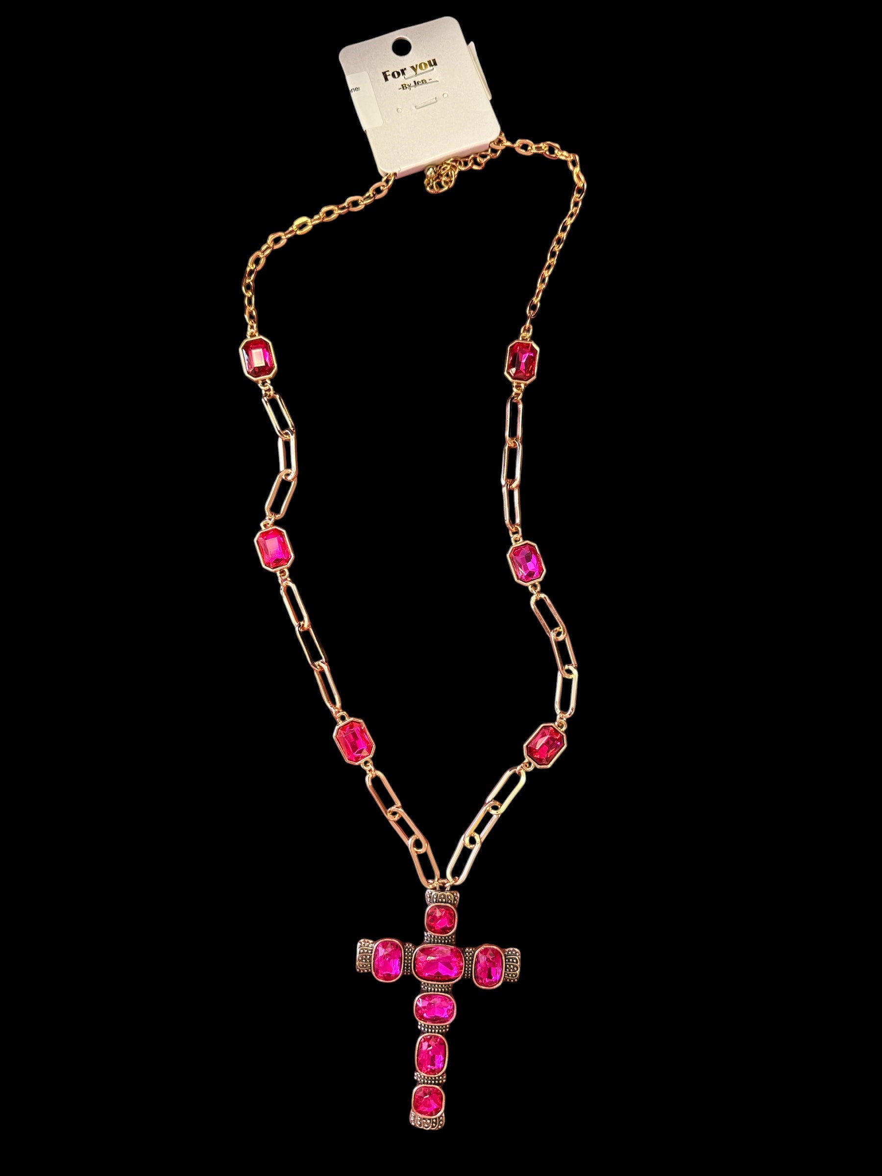 Gold Necklace with Cross & Stones