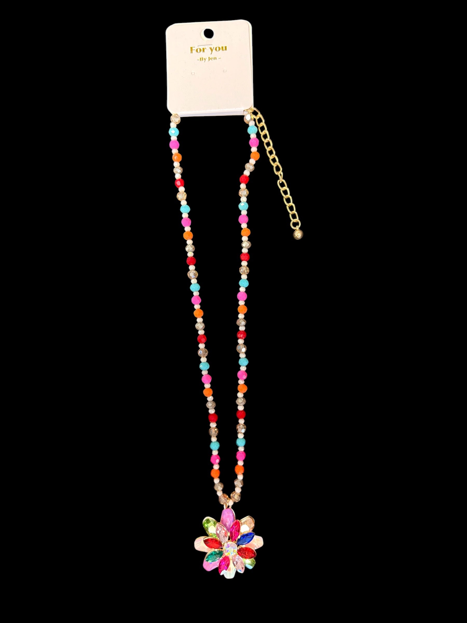 Multicolor Bead Necklace with Crystal Flower