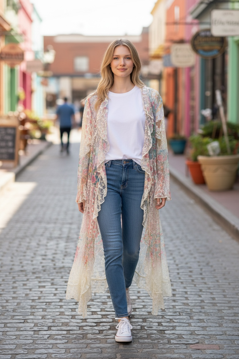Origami Patch Floral Long Ruffled Duster