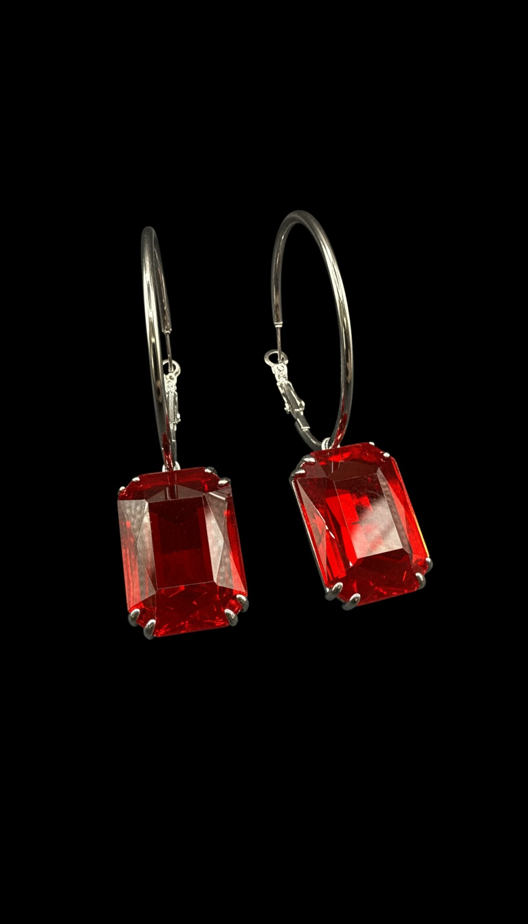 Silver Hoop Earrings /Red Stone