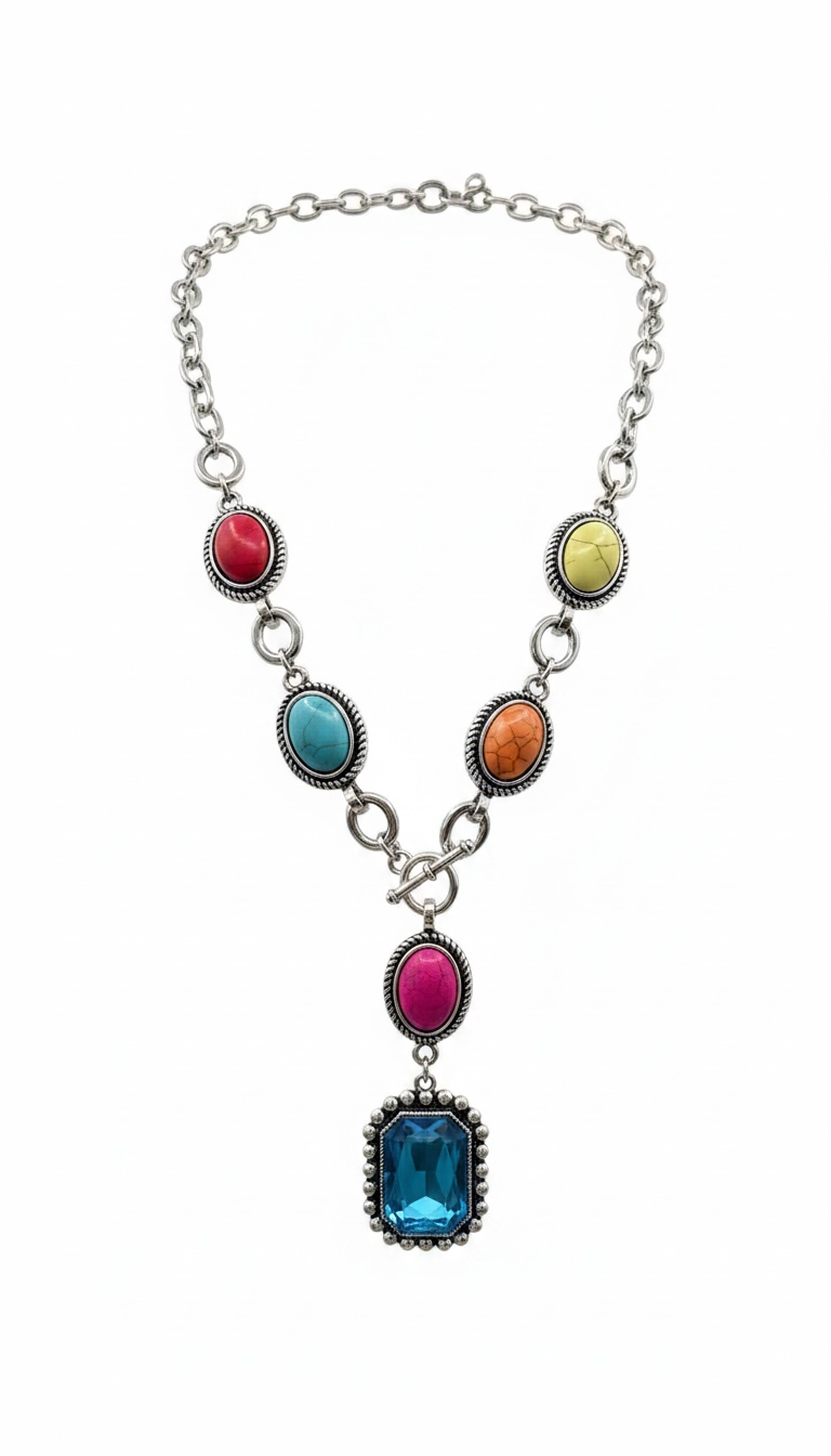 Silver Multicolor Stone Necklace