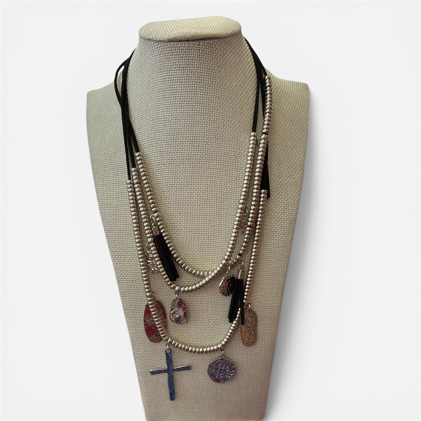 Black cord silver charm necklace