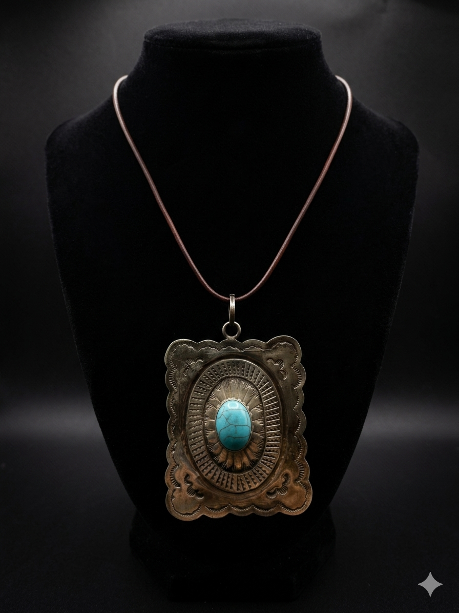 Brown cord turq silver necklace