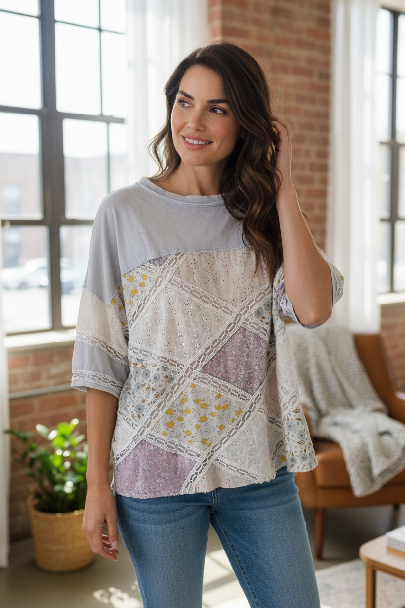 Oli and Hali Washed diamond patchwork box tee