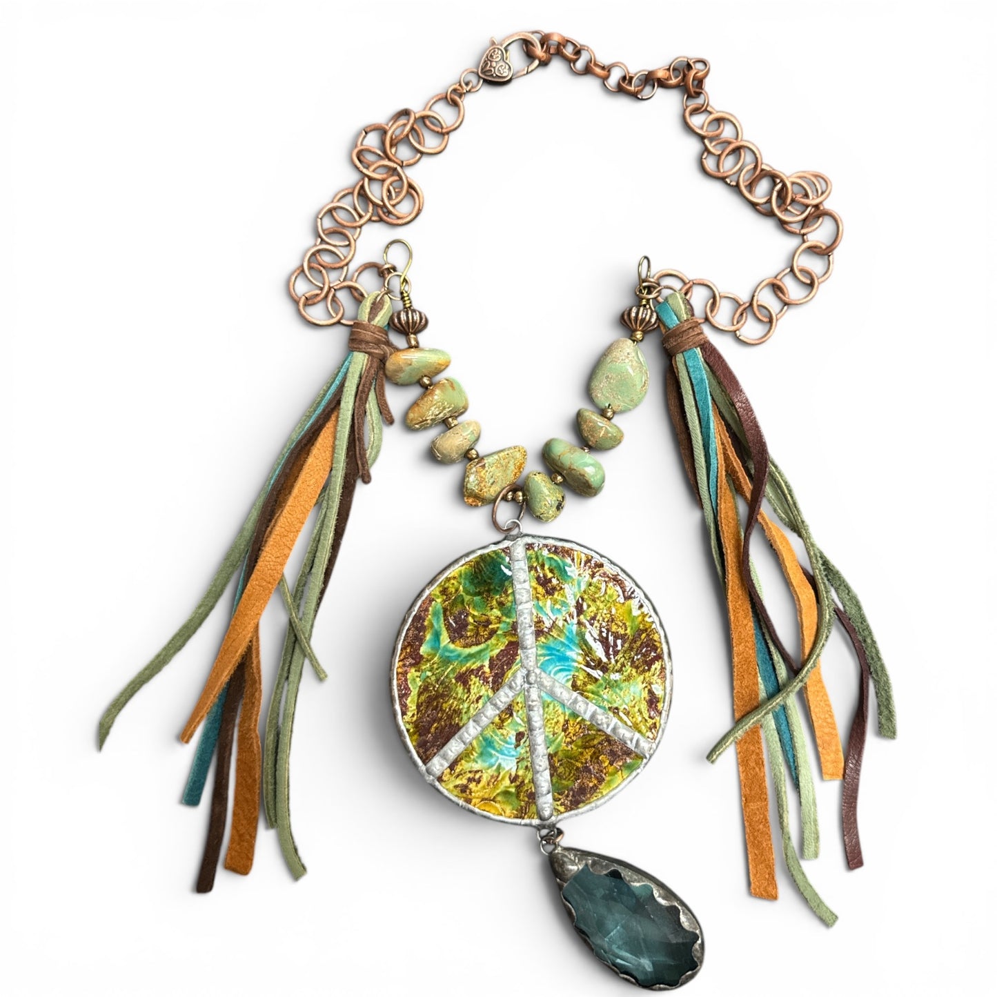 Gypsy Sputh Green Turq Peace Fringe Necklace