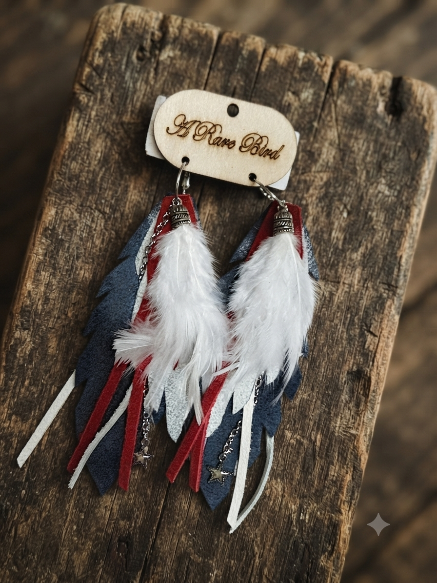 A Rare Bird Red White & Blue Leather Fringe Star Earring