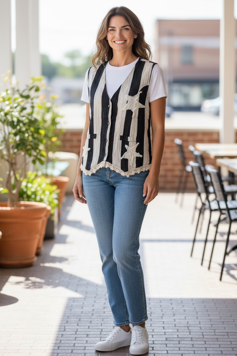 I Love Linen Black and white striped button up with Star vest