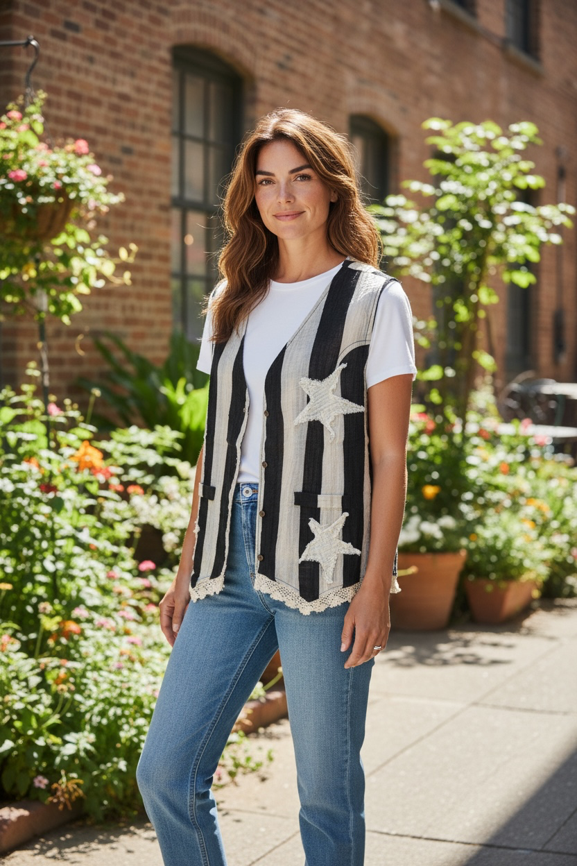 I Love Linen Black and white striped button up with Star vest
