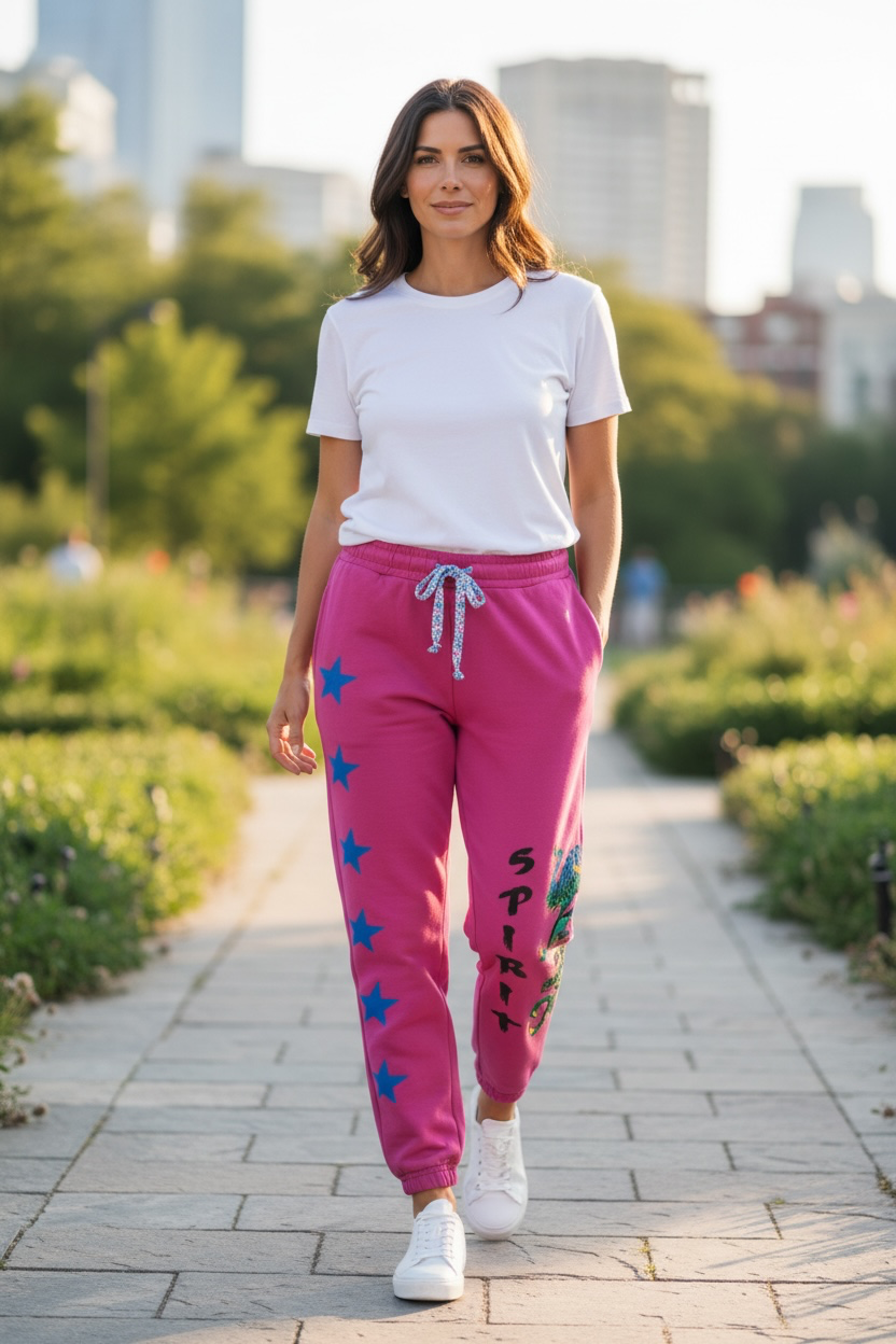 I love linen Pink joggers with stars and dragon on side
