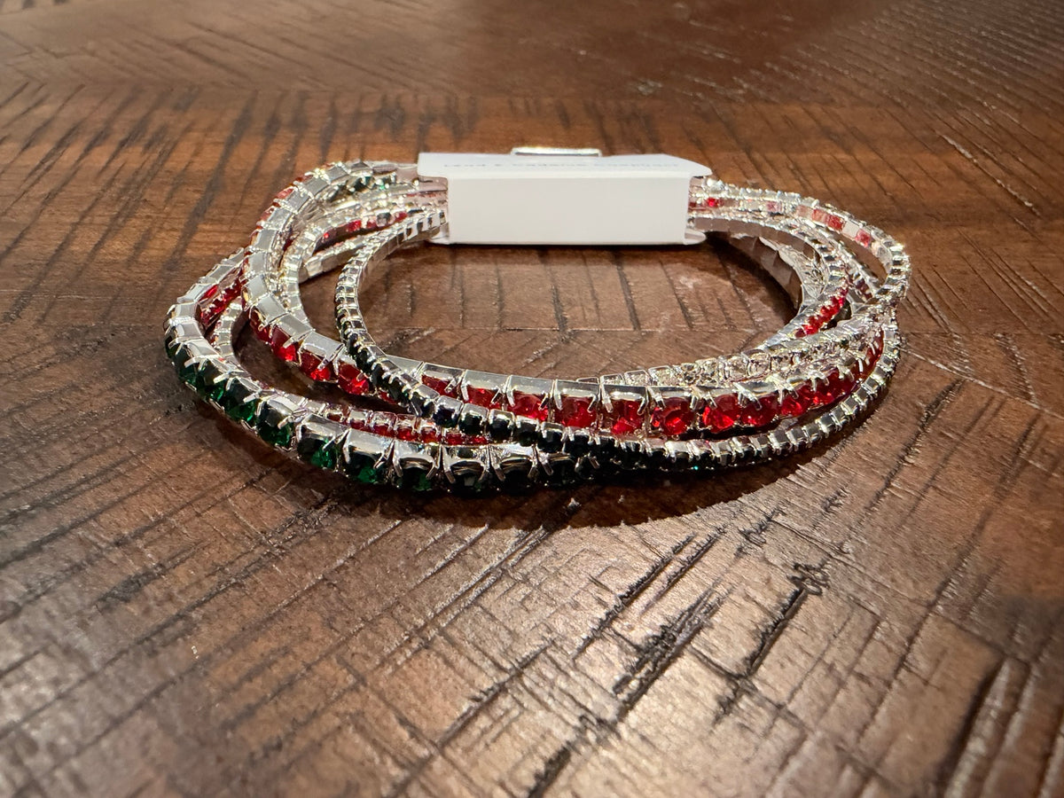 Alice Holiday Sparkle bracelet set with red, green and clear stones in silver-tone settings