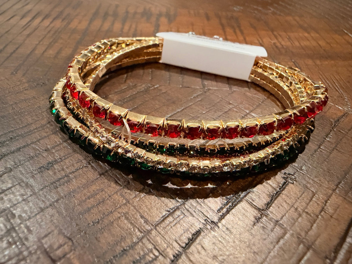 Alice Holiday Sparkle bracelet set with red, green and clear stones in gold-tone settings