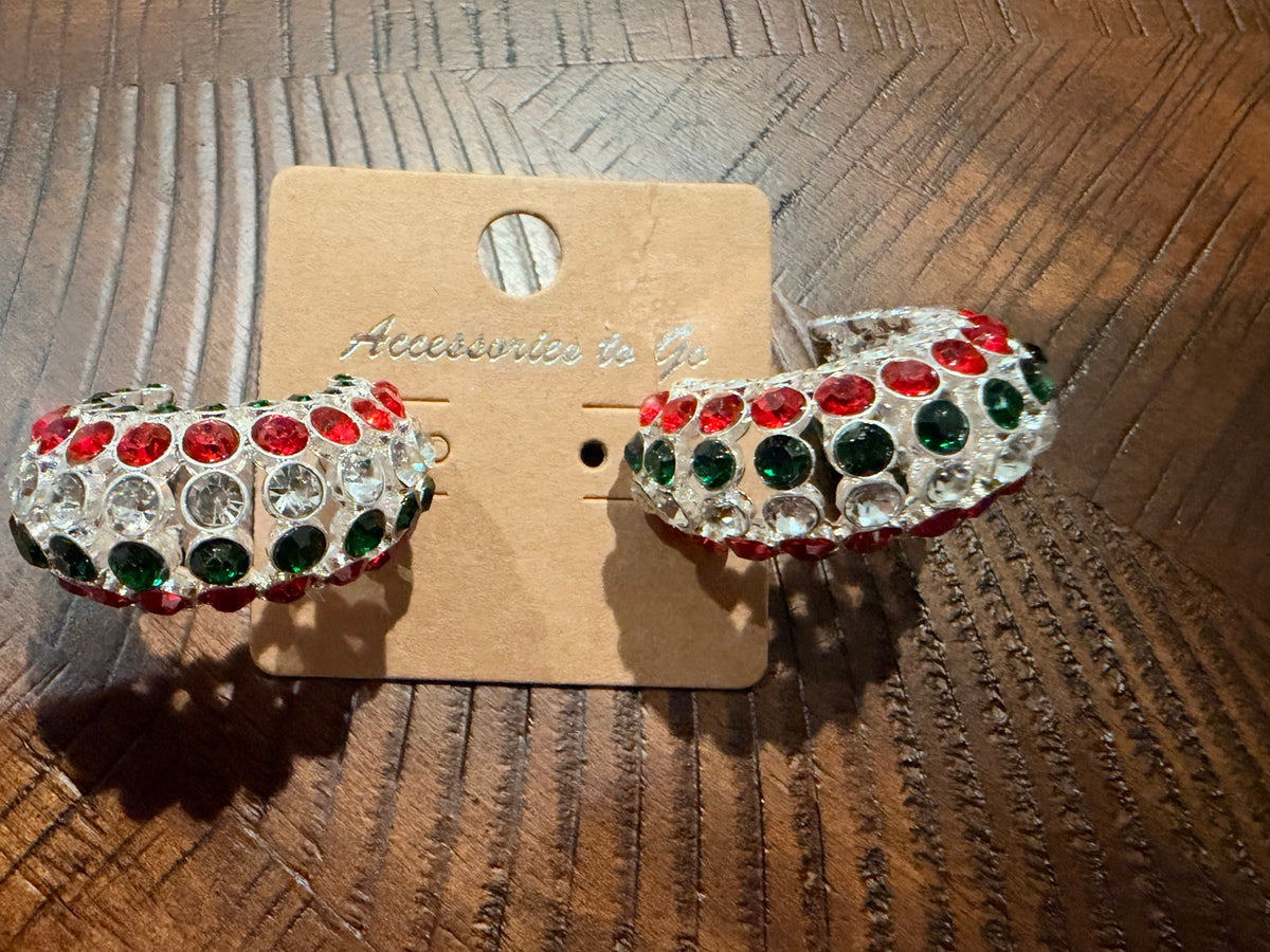 Alice holiday hoop earrings with red, green and clear round stones in a wide silver-tone setting