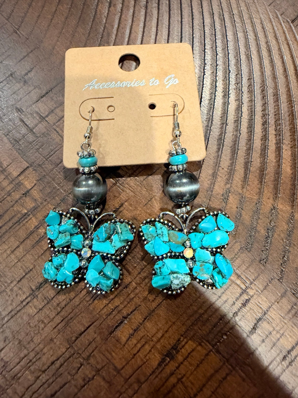 Alice butterfly drop earrings - Turquoise, with silver-tone beads and turquoise-colored accents