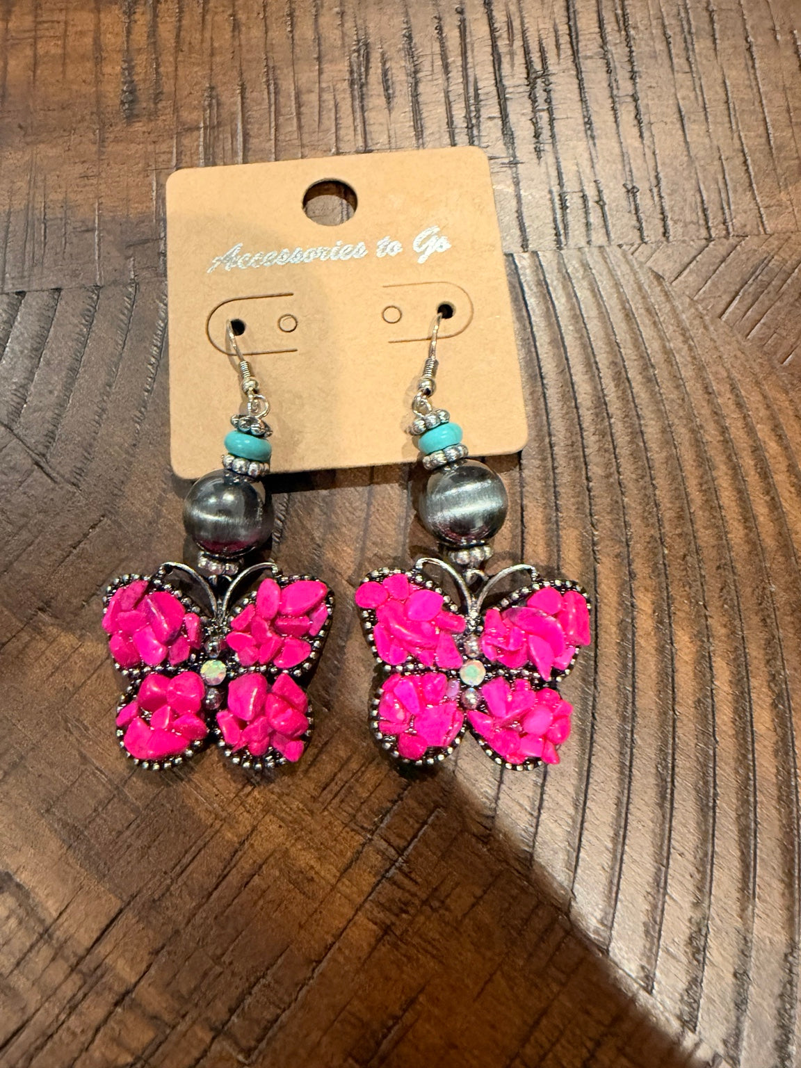 Alice butterfly drop earrings - Hot Pink, with silver-tone beads and turquoise-colored accents
