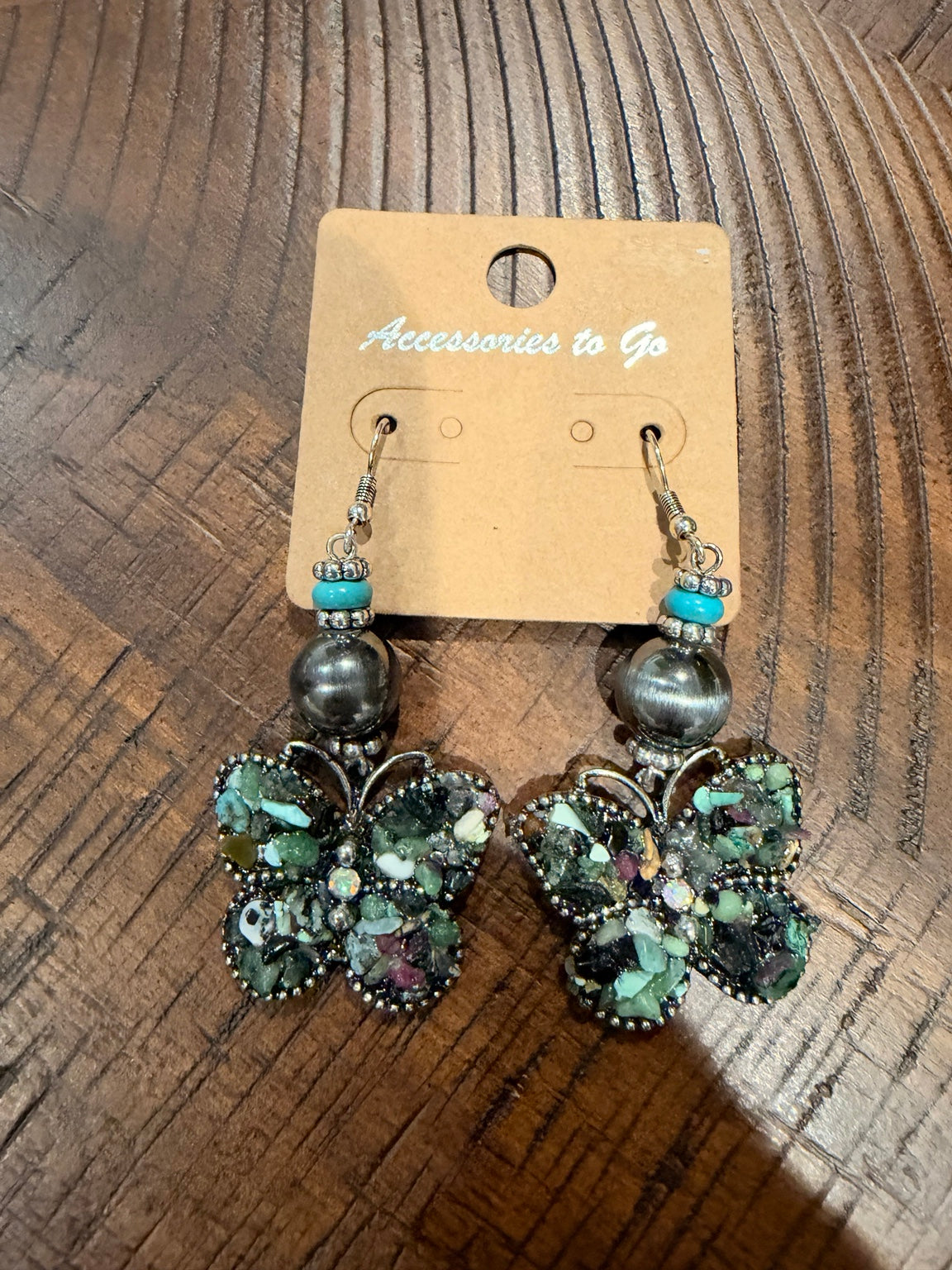 Alice butterfly drop earrings - Mixed Stone, with silver-tone beads and turquoise-colored accents