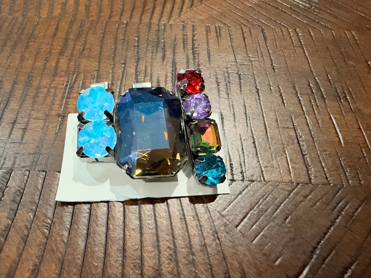 Three-piece crystal hair clip set in Smoky Blue & Multi, upright view