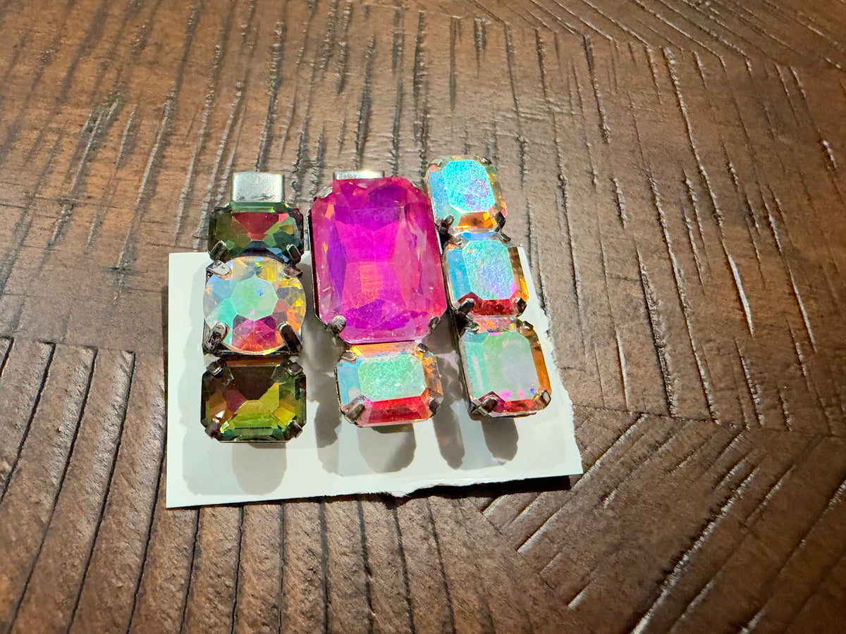 Three-piece crystal hair clip set in Hot Pink & Aurora, upright view