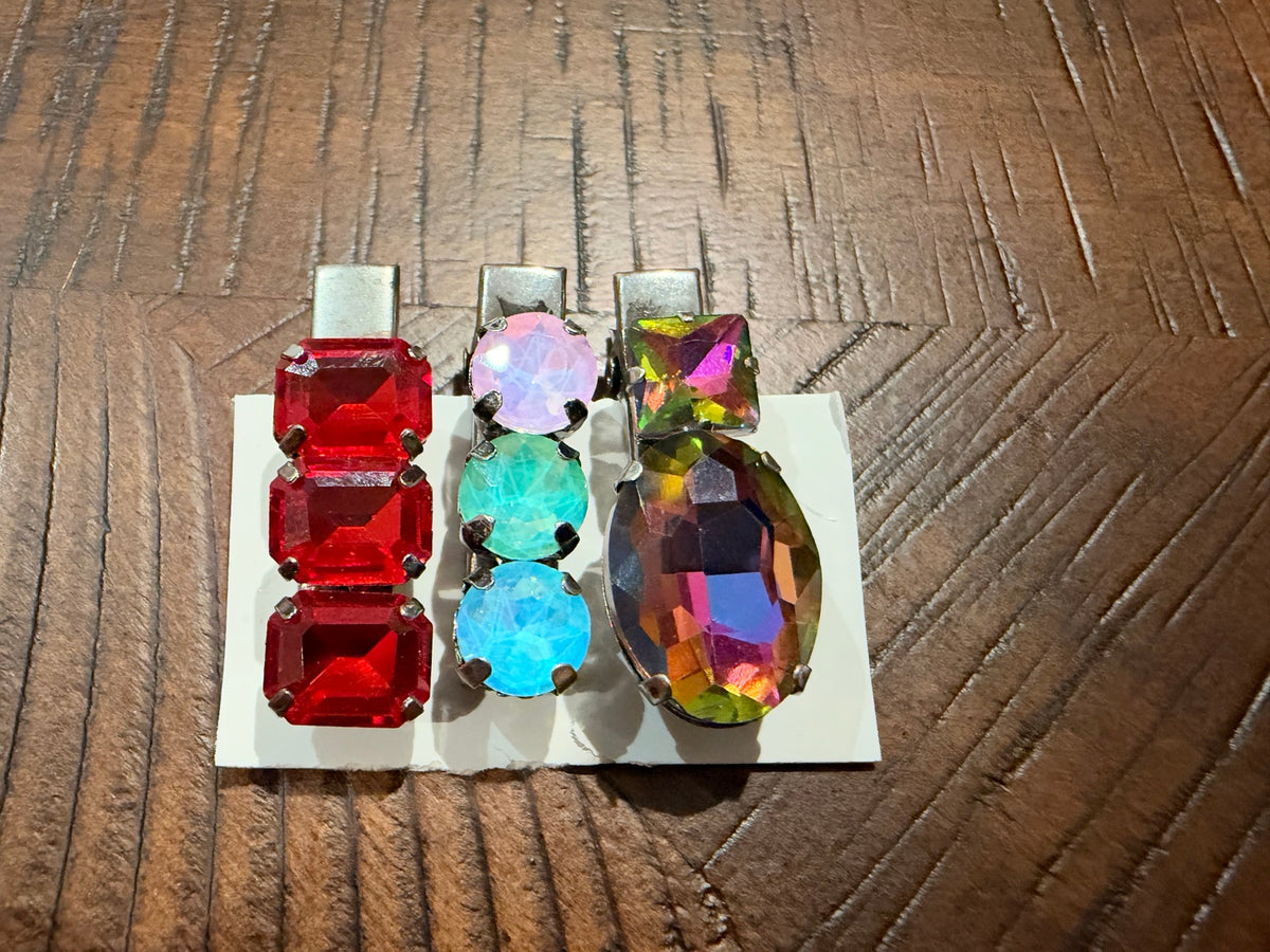 Three-piece crystal hair clip set in Ruby & Pastel, upright view