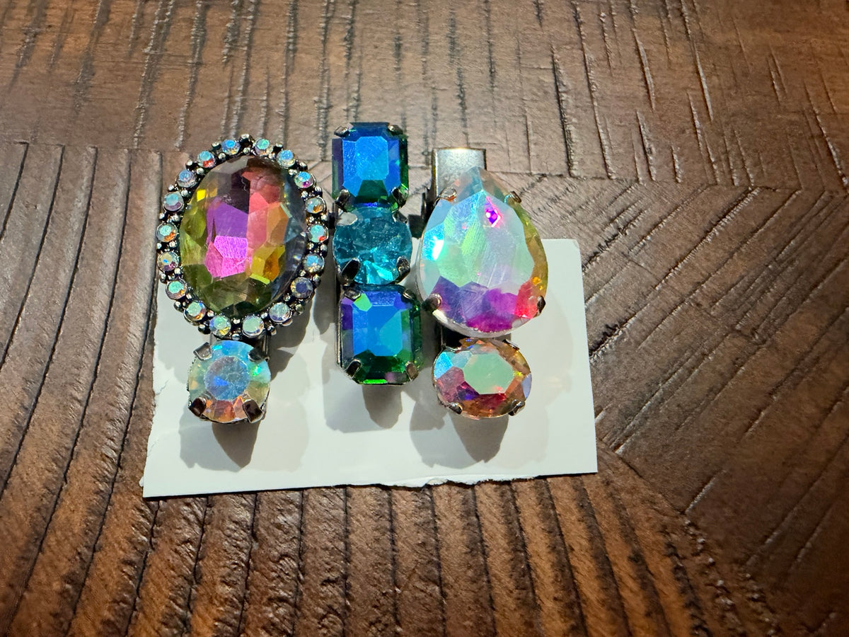 Three-piece crystal hair clip set in Aurora & Teal, upright view