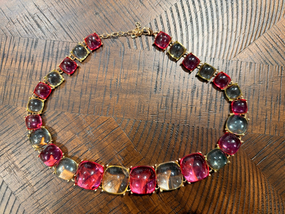 Pink & Champagne graduated cushion-stone necklace with gold-tone settings, clasp at top
