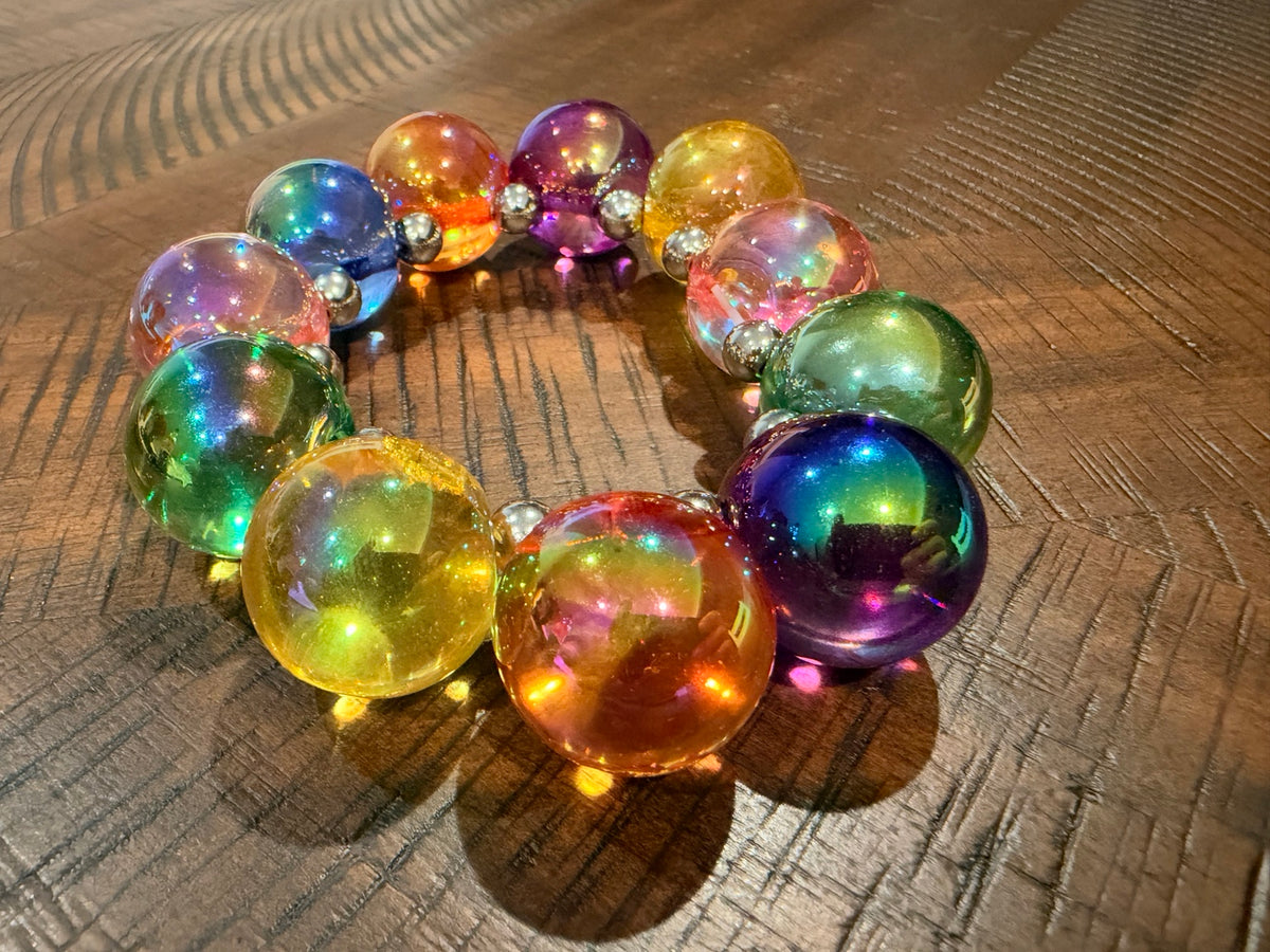 Alice Rainbow Bubble Bracelet with glossy multicolor round beads and silver-tone spacers