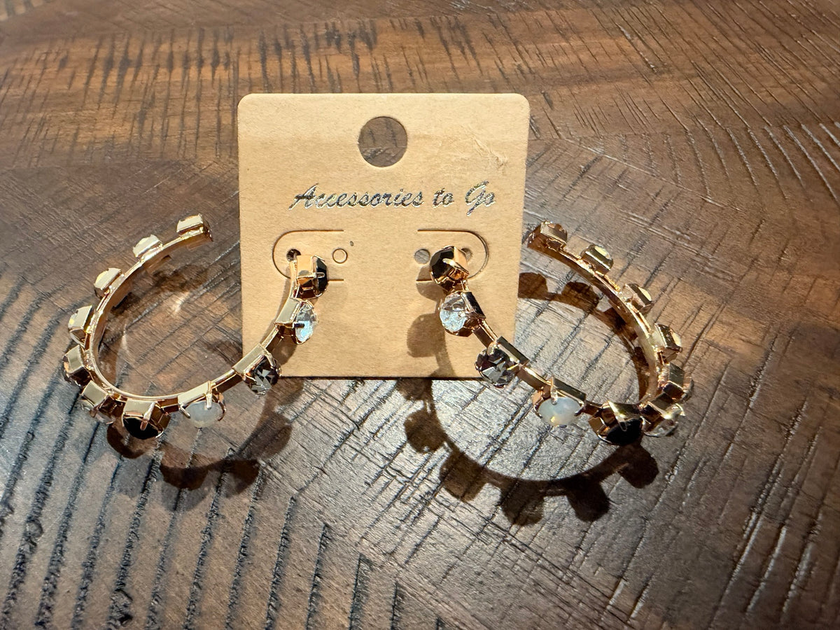 Alice gold-tone open hoop earrings with black, smoky gray, clear and opal-look stones