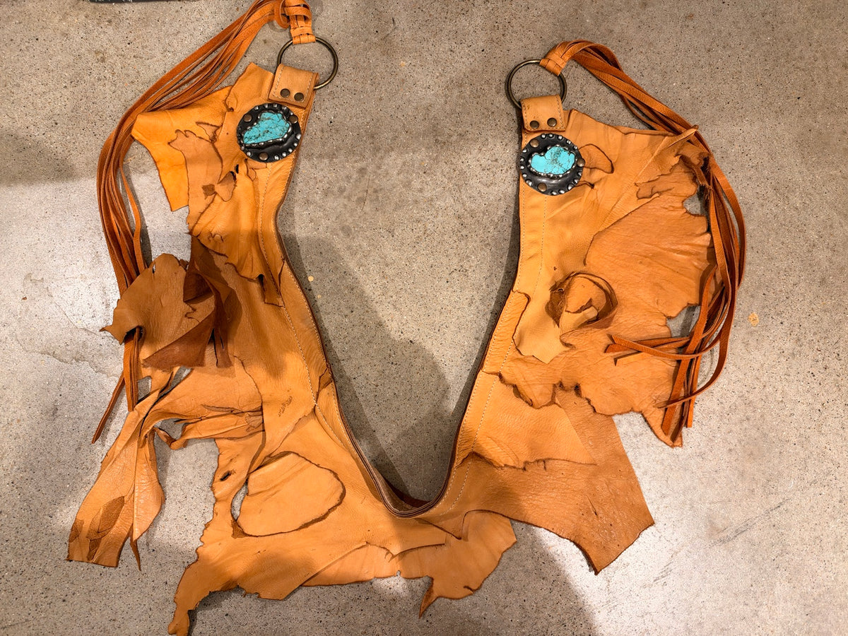 Jaded Gypsy deer leather and howlite fringe belt in Golden Tan