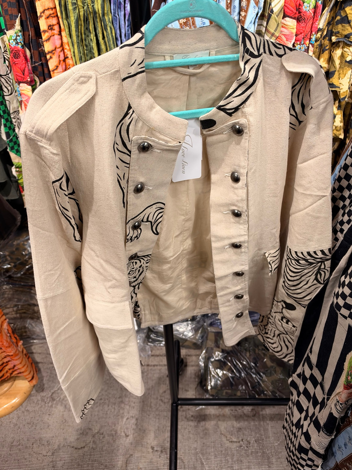 Ivory tiger print military style jacket front