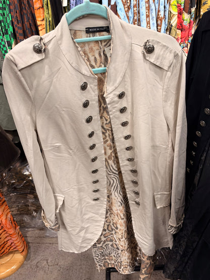 Ivory long military style jacket front