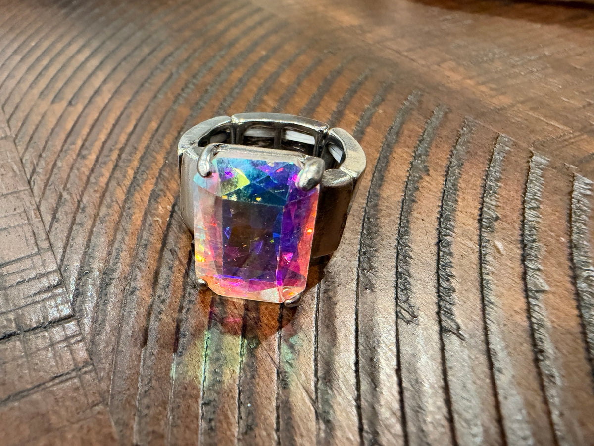 Aurora iridescent rectangular stone ring with silver-tone stretch band