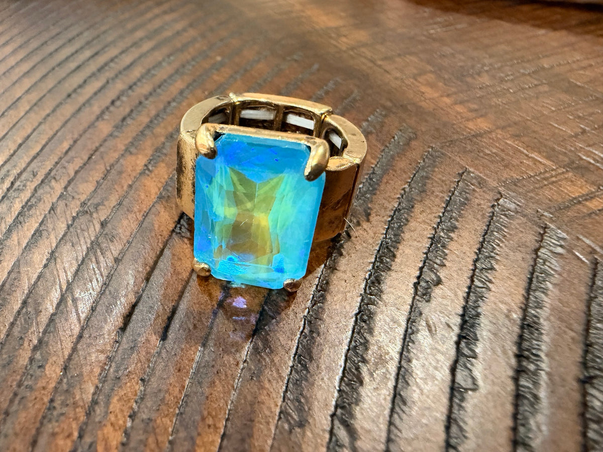 Alice rectangular aqua iridescent stone ring with gold-tone stretch band