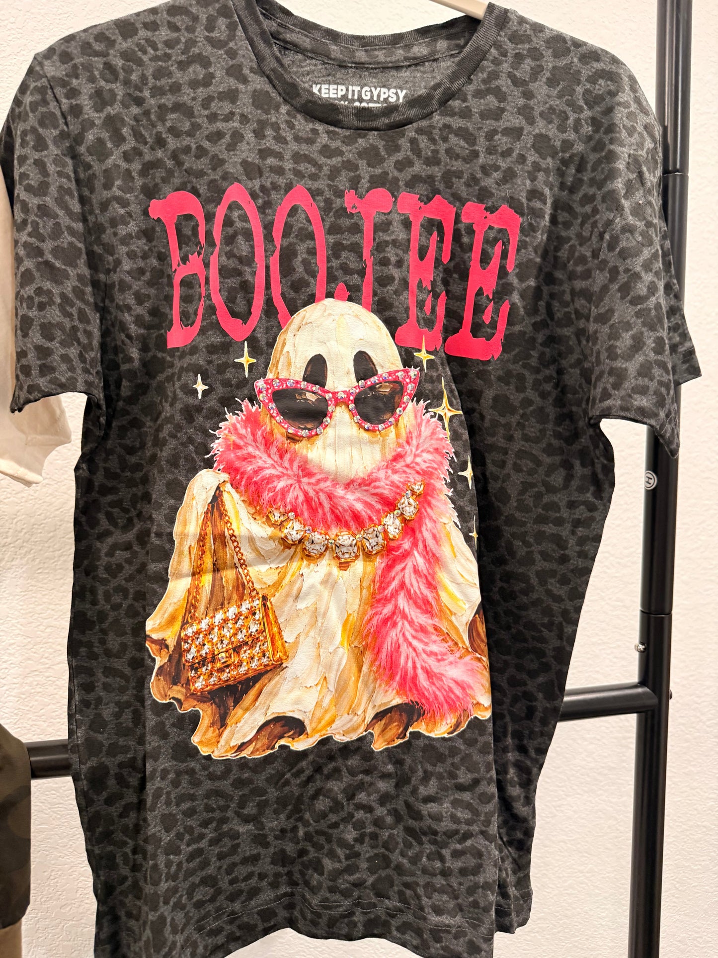 Keep It Gypsy Boo-Jee Ghost Leopard Graphic Tee in charcoal leopard print with glam ghost graphic