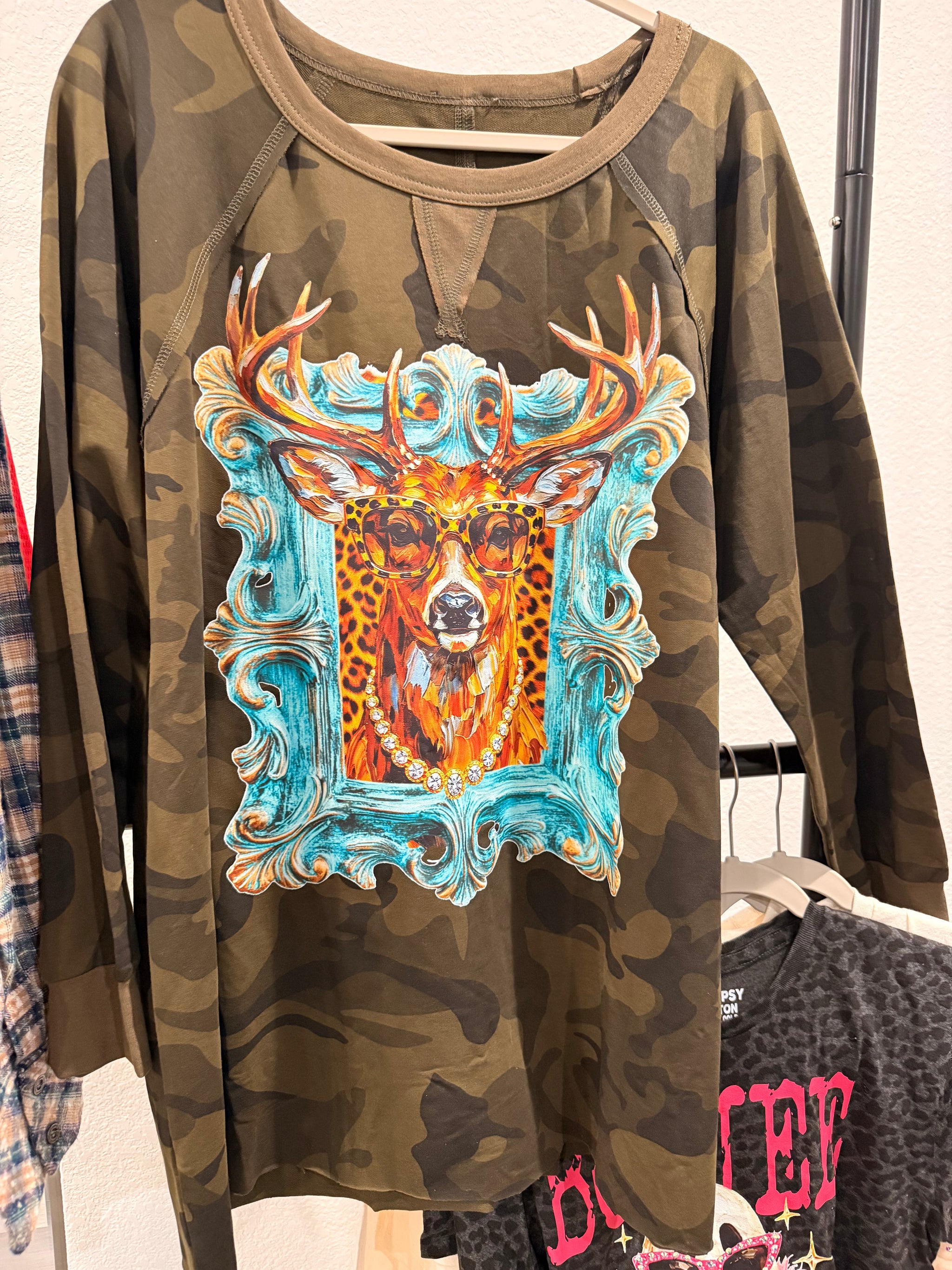 Keep It Gypsy Boho Stag Camo Graphic Jersey with baroque frame stag in sunglasses and pearl chain
