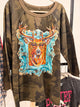Keep It Gypsy Boho Stag Camo Graphic Jersey with baroque frame stag in sunglasses and pearl chain