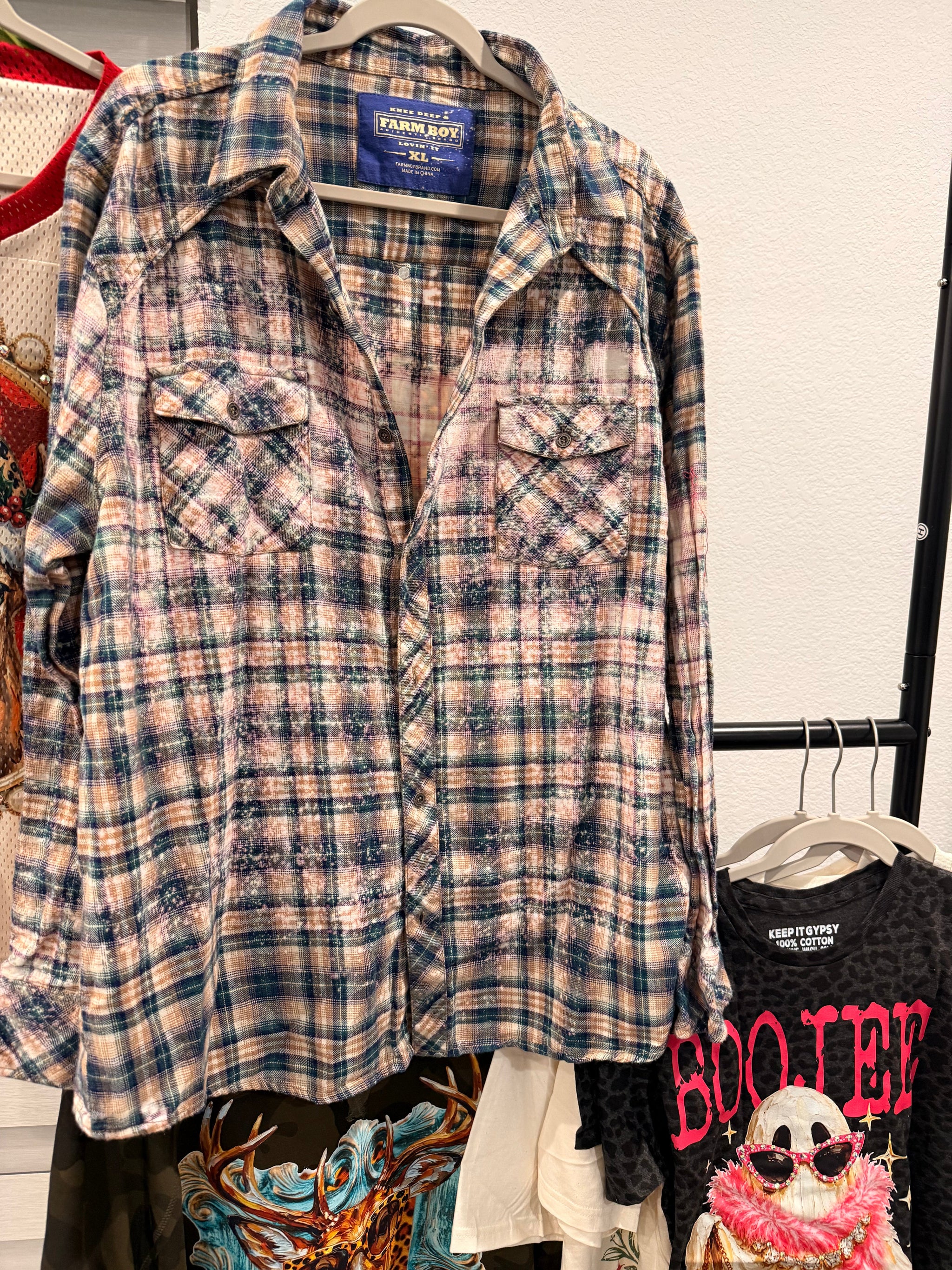 Keep It Gypsy Boho Stag Bleached Flannel Shirt - front view