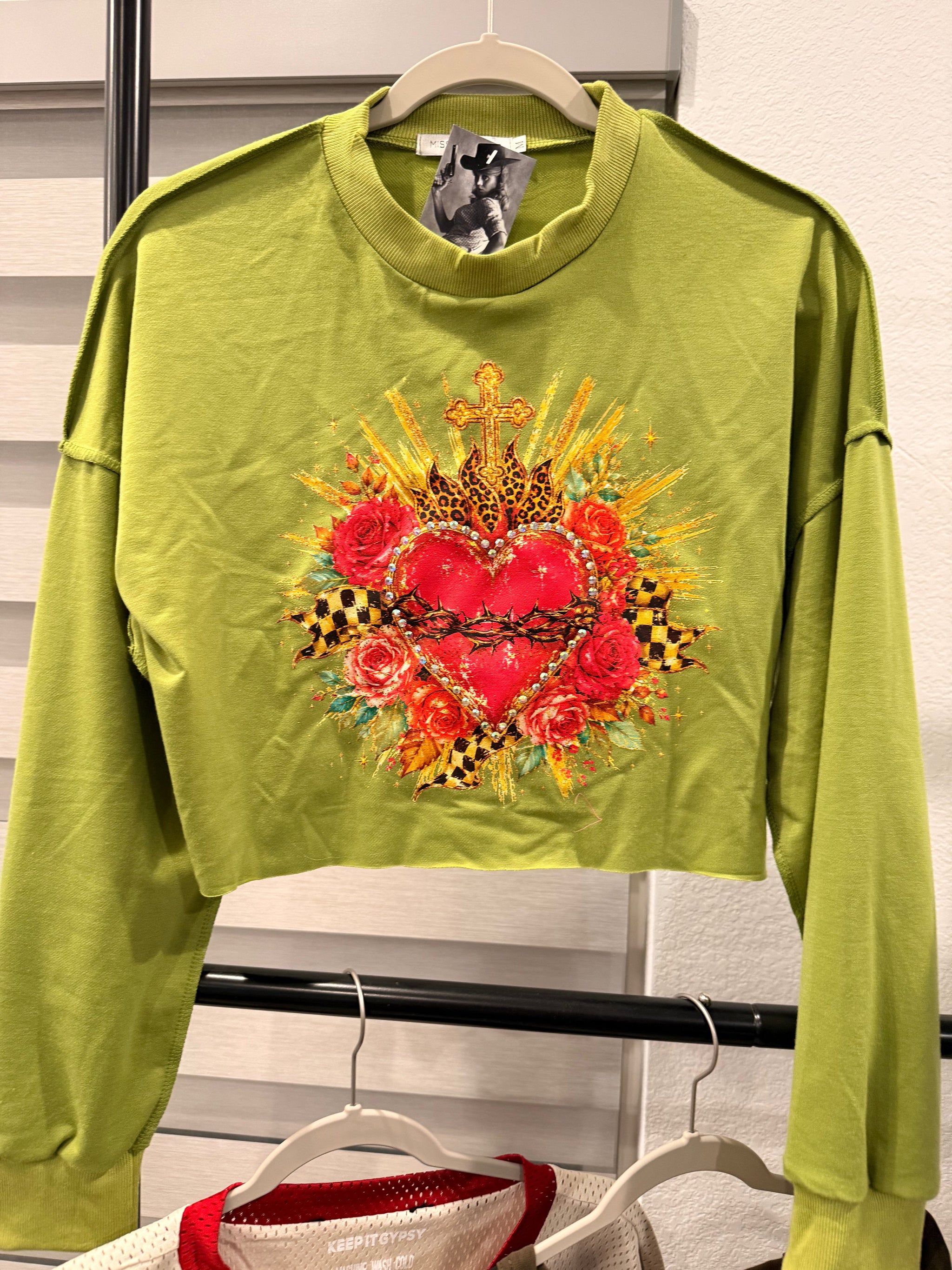 Keep It Gypsy Sacred Heart Graphic Crop Sweatshirt in lime green