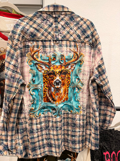 Keep It Gypsy Boho Stag Bleached Flannel Shirt - back graphic with stag in sunglasses and pearl chain