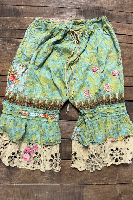 House of Jaded Gypsy Faded Garden Bloomers in ocean blue and green floral print with flared legs and lace hems