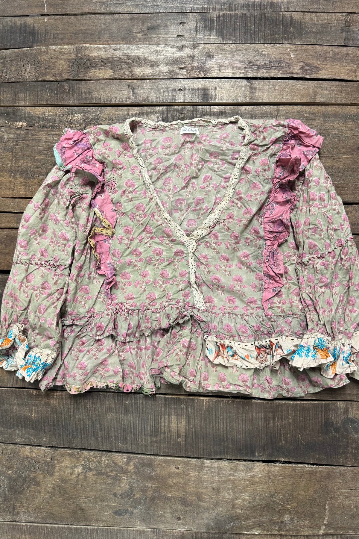 House of Jaded Gypsy Dusty Bloom Top in olive with floral print, ruffle trim, and button front
