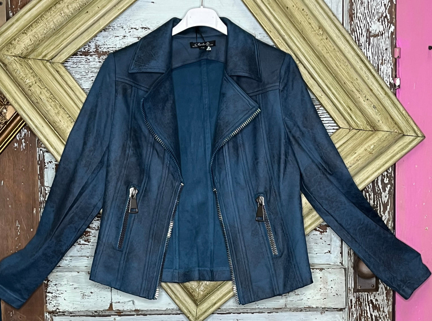 Peacock Faux Leather Moto Jacket with Zippers