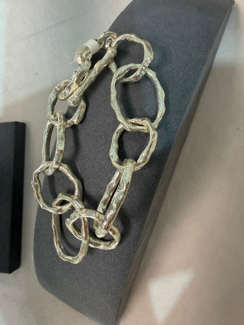 Wafa Silver Link Bracelet - chunky organic chain-link bracelet with hammered texture and toggle clasp