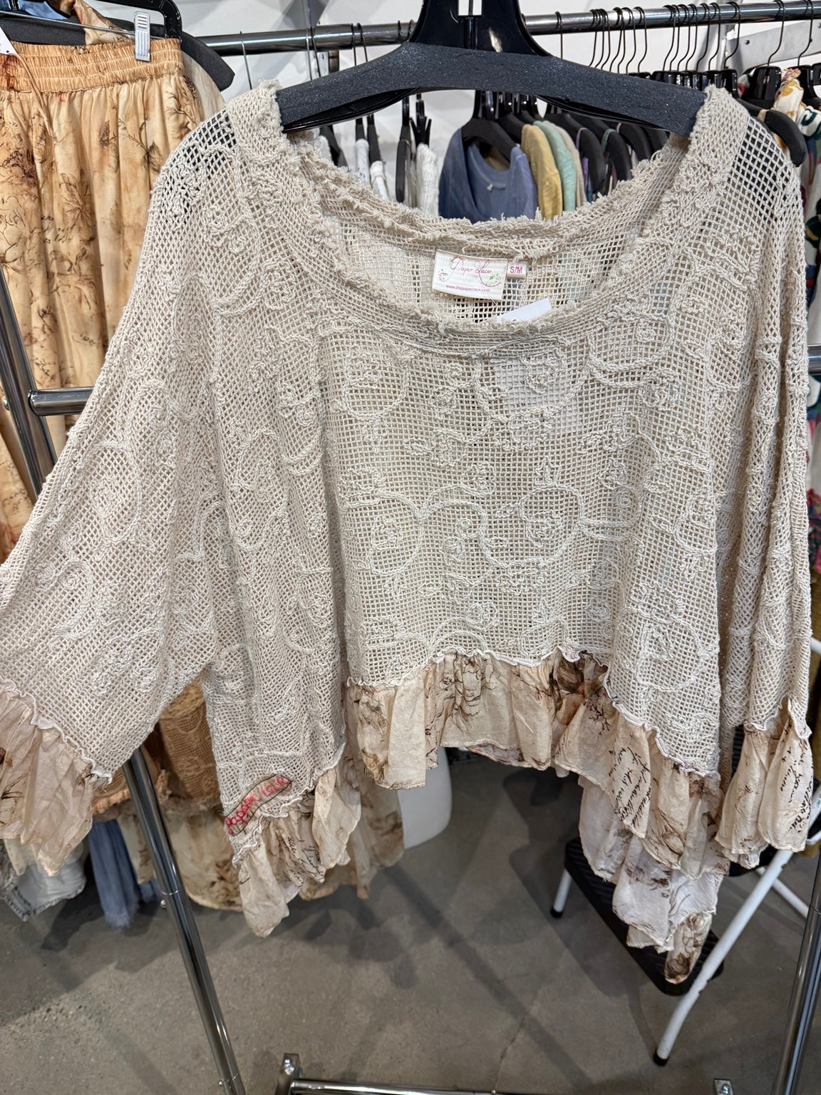 Paper Lace Tea Dye Hope Shirt with openwork floral texture and printed ruffle hem