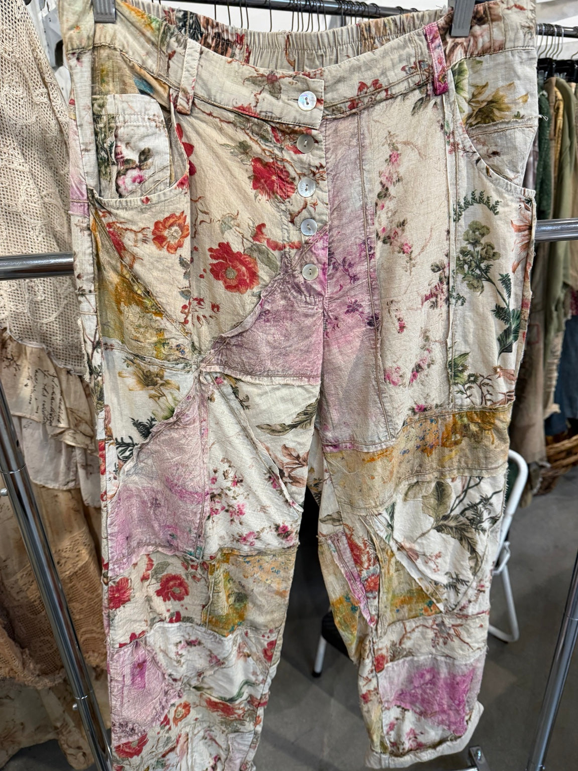 Paper Lace Natural floral patchwork pants with button front and pockets