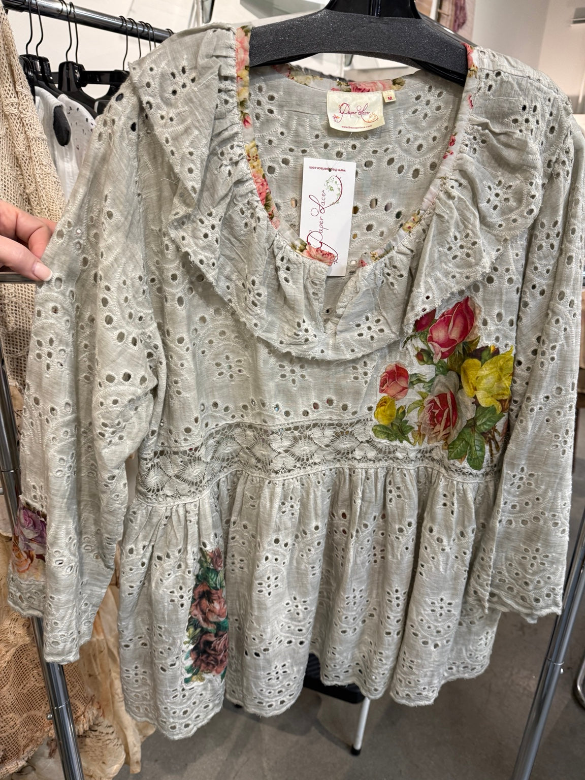 Paper Lace grey floral eyelet top with ruffled neckline and rose accents