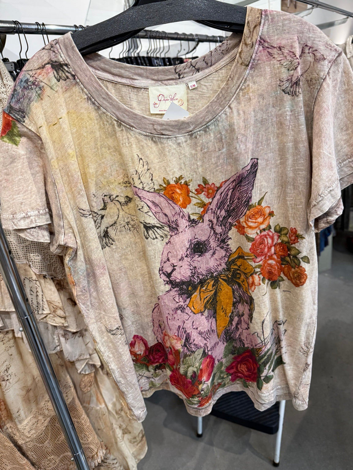 Paper Lace cream ivory tee with bunny, roses and bird illustrations