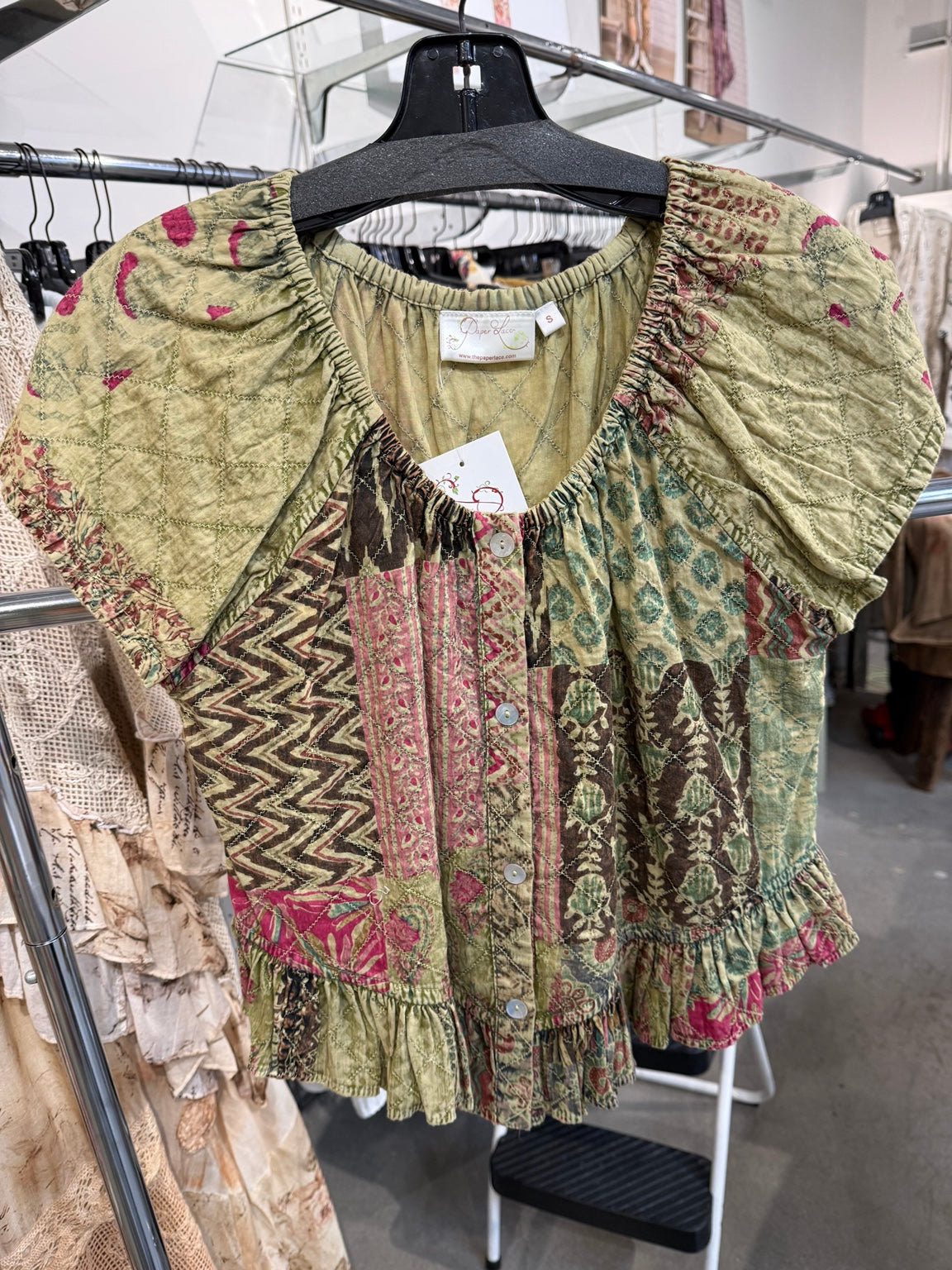 Paper Lace green patchwork button front top with short sleeves and ruffled hem